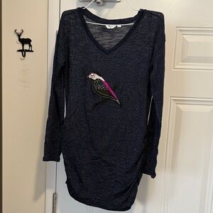 Thyme Maternity Dark Blue Sweater with Colorful Bird Design